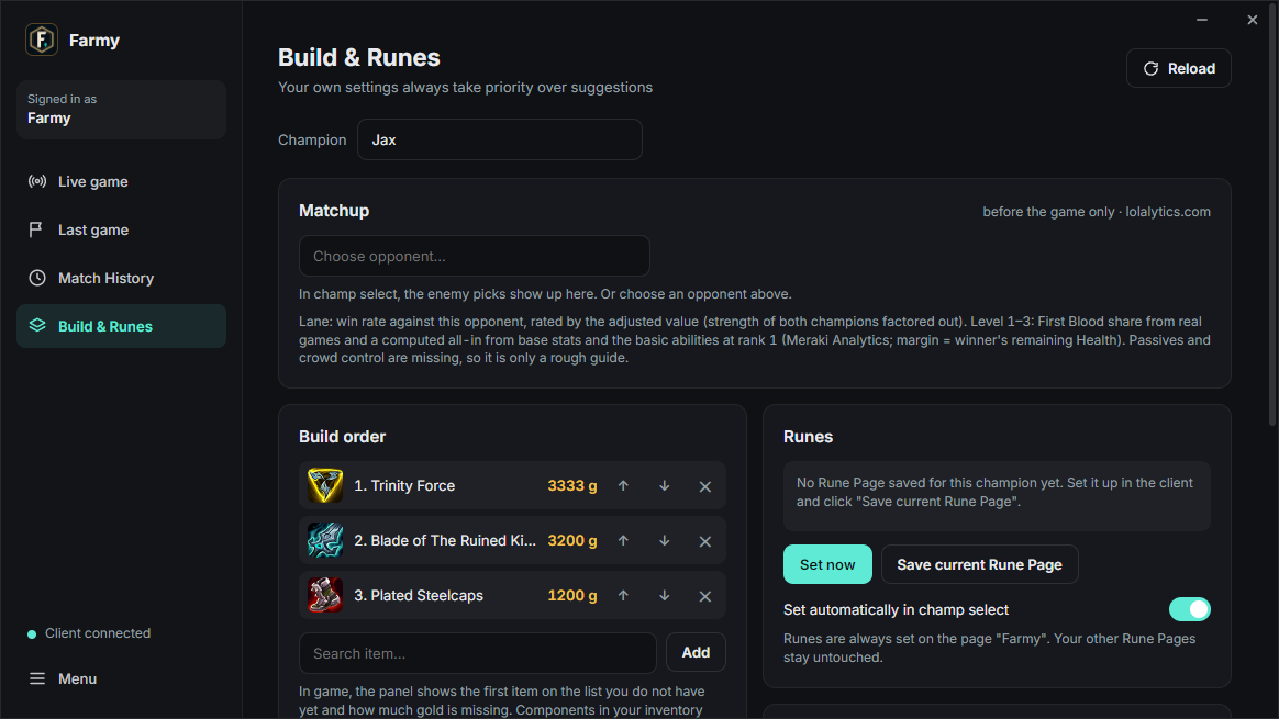 Build order, rune page and Summoner Spells per champion with lolalytics suggestions