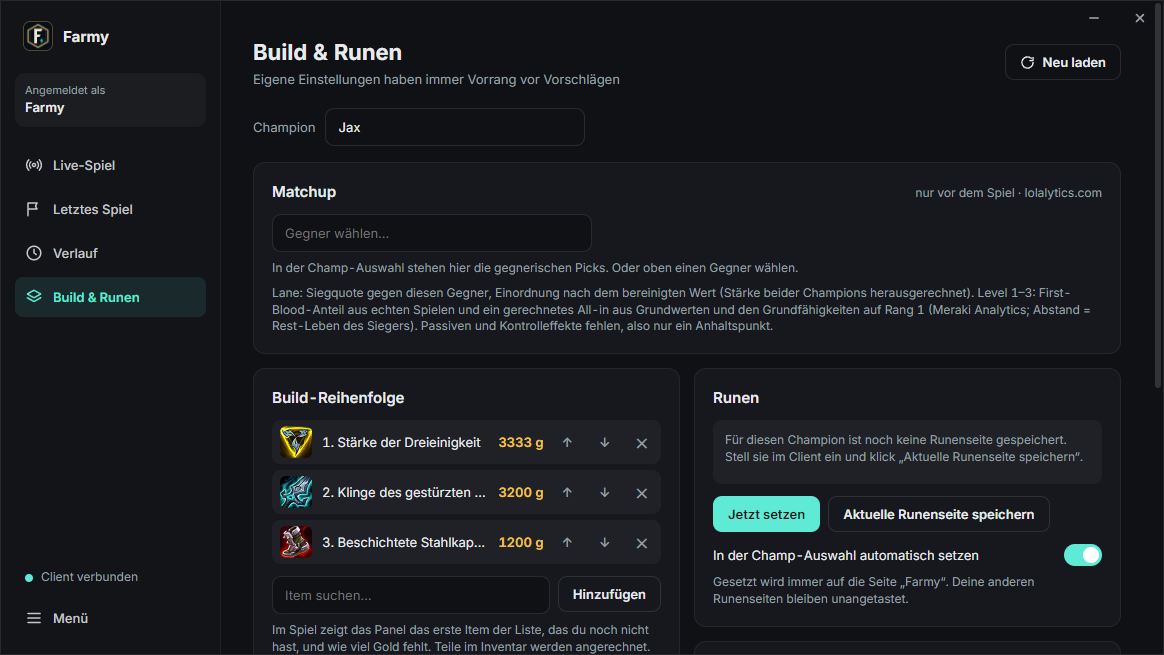 Build-Reihenfolge, Runenseite und Summoner je Champion mit Vorschlägen von lolalytics